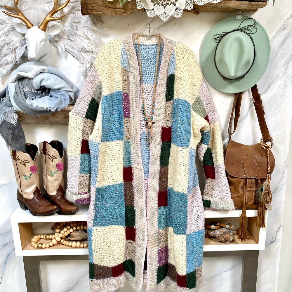 SOLD⭐️Artisan Patchwork Duster boho wool jacket sweater hippy granny vibe - Picture 5 of 16